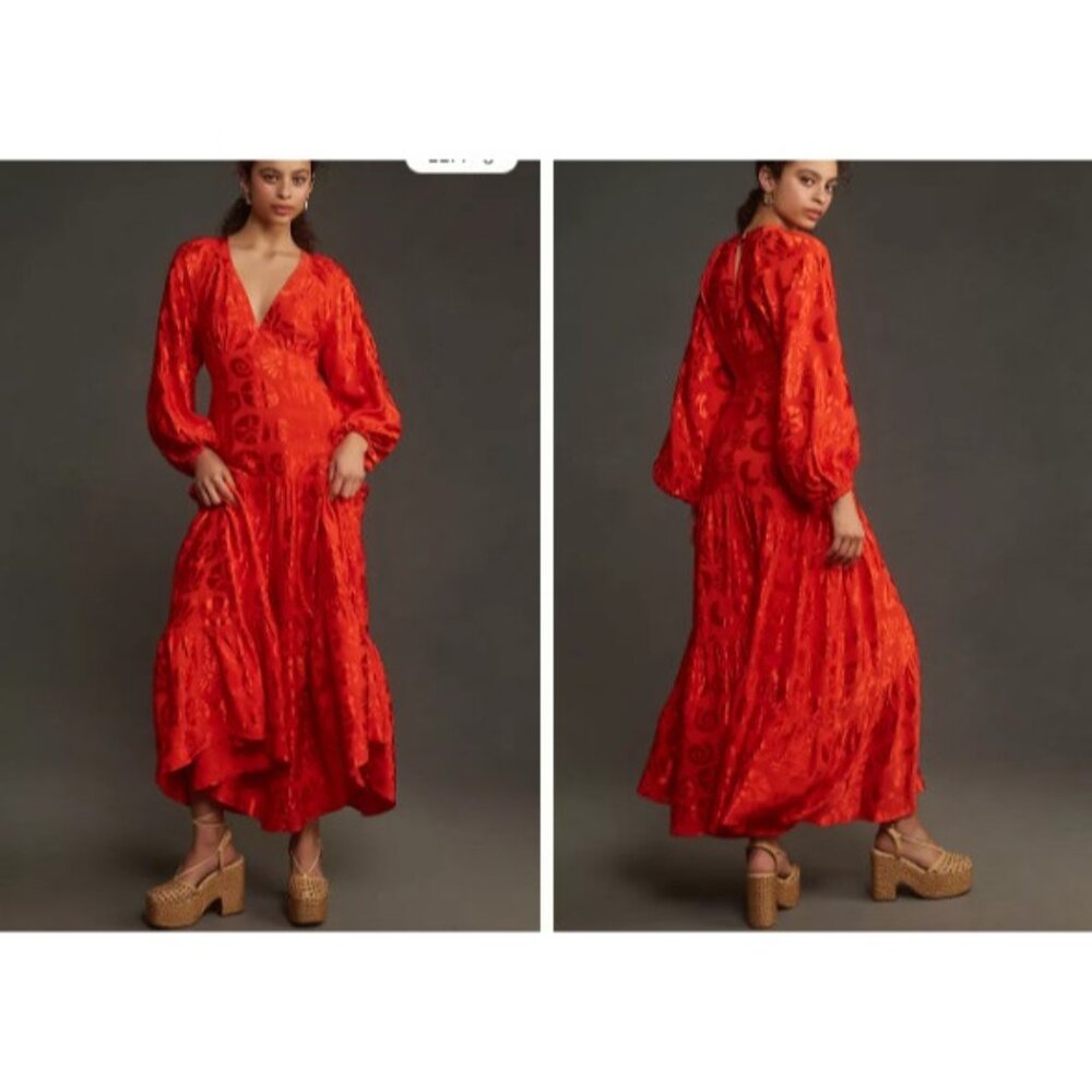 Farm Rio size XS Jacquard maxi dress in red V-neck long sleeve viscose NWT $248